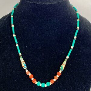 Vintage Tribal Beaded Necklace With Colorful Carved Beads & Hook Clasp